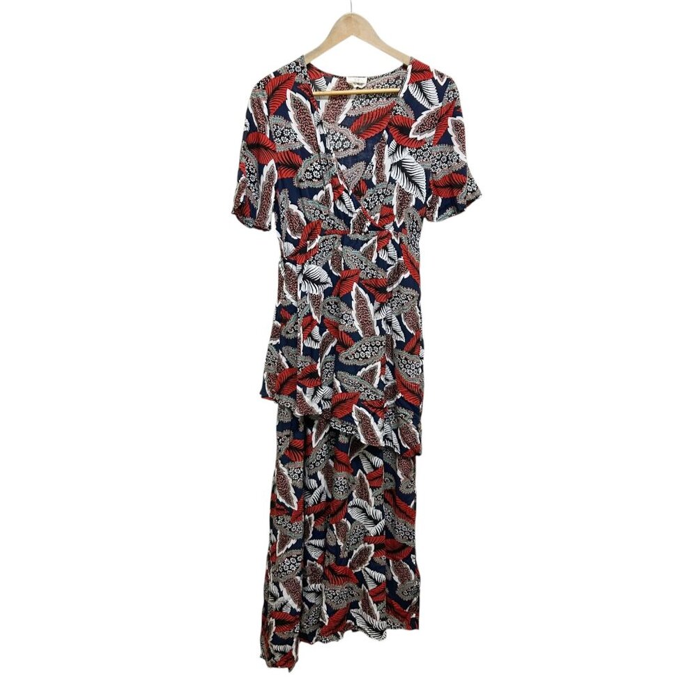ETWO Tropical Leaf Maxi Dress - Red & Turquoise Boho Rayon - Size L
